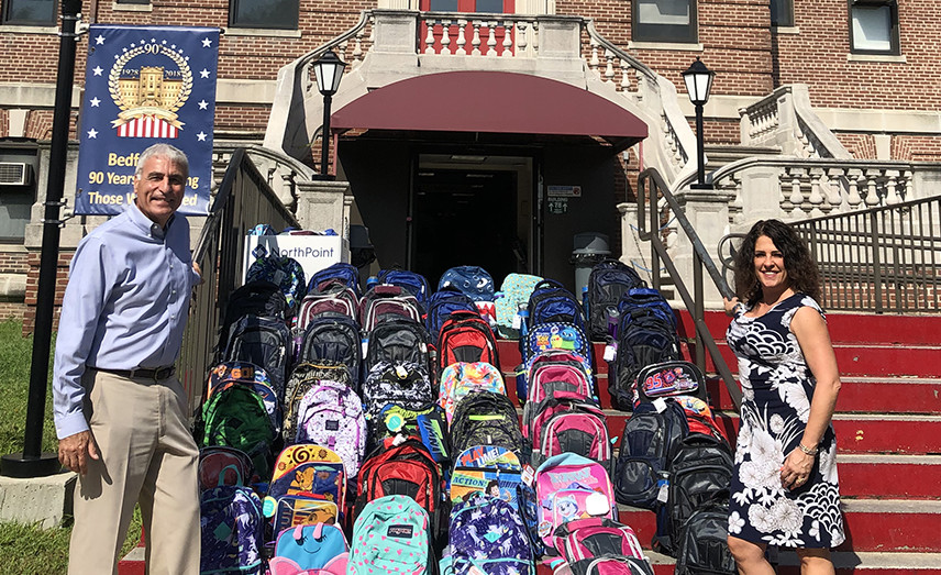 backpack donation delivery at Bedford's Veterans Hospital