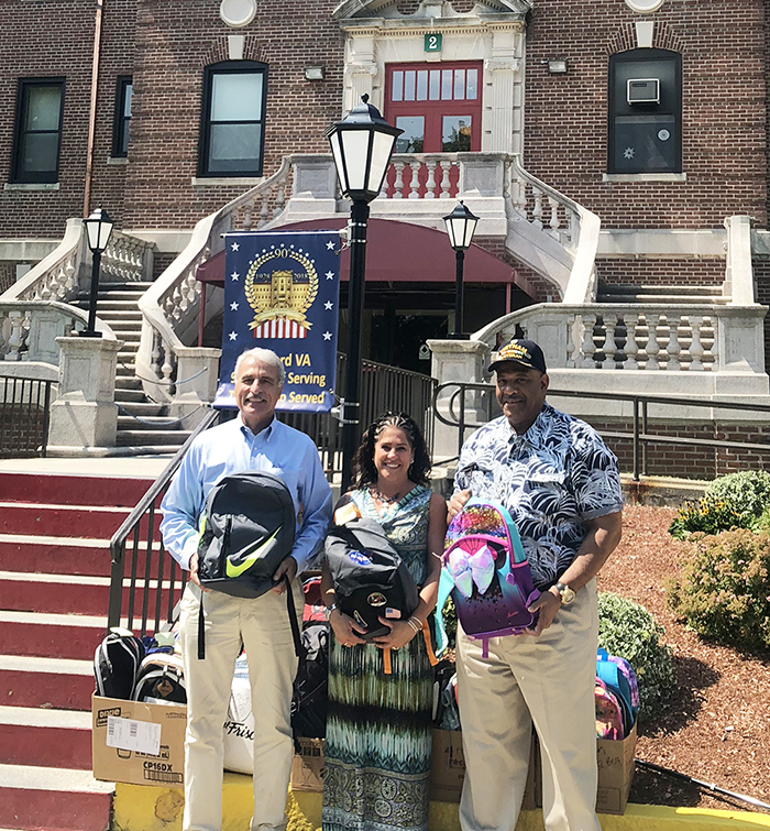 backpack donation delivery at Bedford's Veterans Hospital